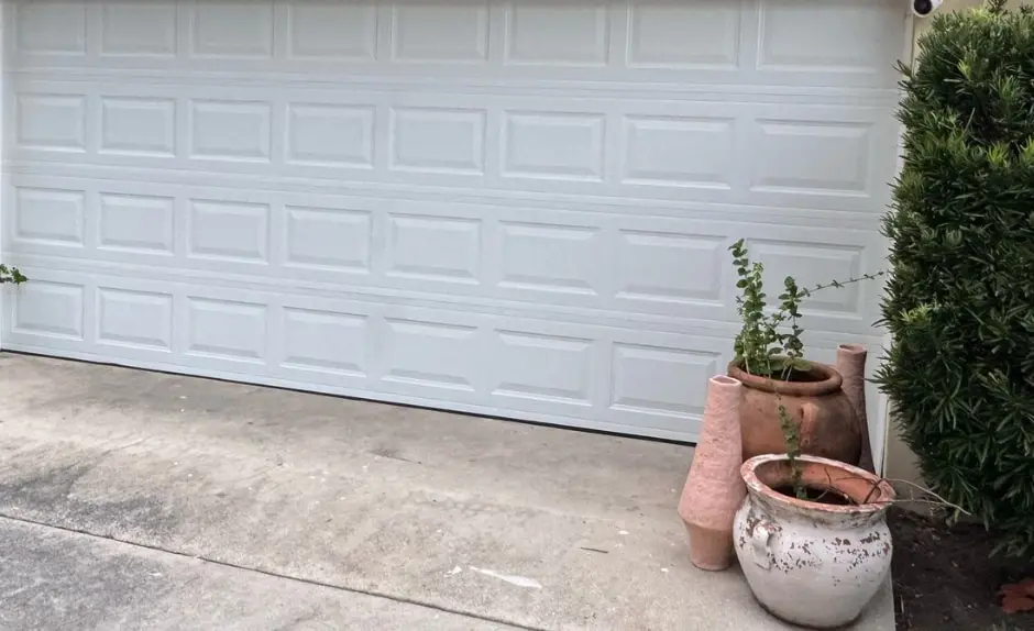 White raised-panel double garage door with potted plants beside the driveway