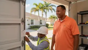 Service professional inspects garage door with homeowner during residential visit.