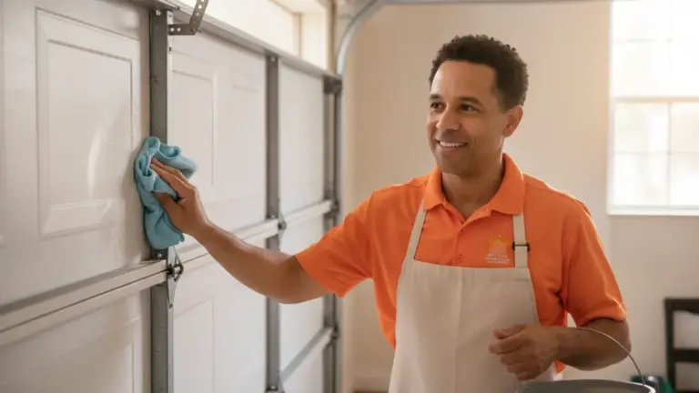 Smiling service professional cleaning garage door in orange uniform and apron.