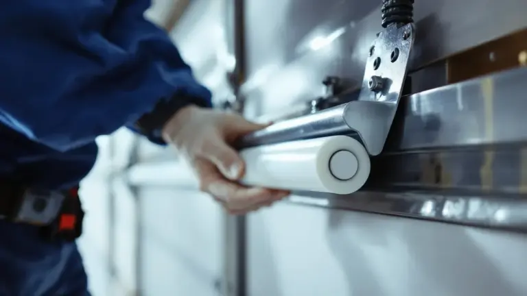 Technician installing smart home device on wall with professional tools