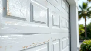 White garage door with visible rust stains and weathering on lower panels.