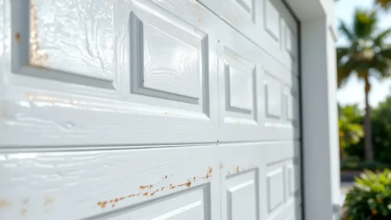 White garage door with visible rust stains and weathering on lower panels.