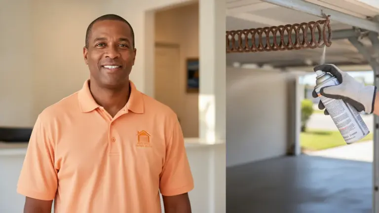 Professional service worker in branded polo shirt smiling in modern garage setting.