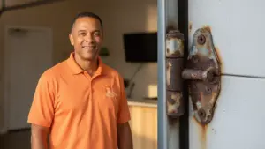 Professional tradesman in orange polo shirt poses next to weathered metal hinge on industrial surface.
