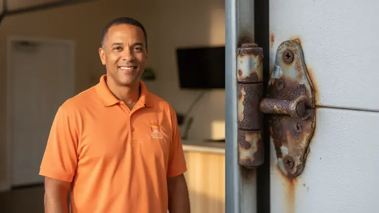 Professional tradesman in orange polo shirt poses next to weathered metal hinge on industrial surface.