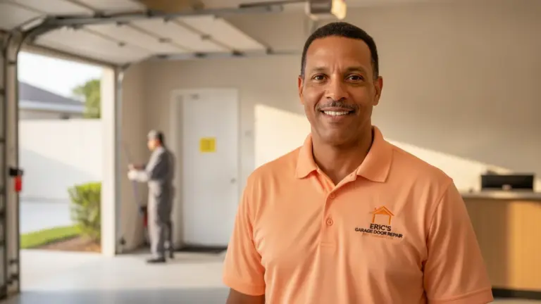 Friendly garage door repair technician in branded uniform smiles at camera in modern garage.