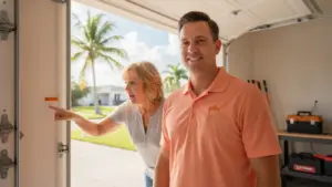Real estate agent showing garage interior to female client during home tour
