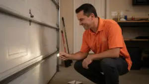 Technician inspecting garage door hardware with flashlight during service call.