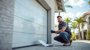 Technician inspects residential garage door during service call in sunny suburban setting.