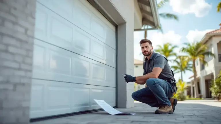 Technician inspects residential garage door during service call in sunny suburban setting.