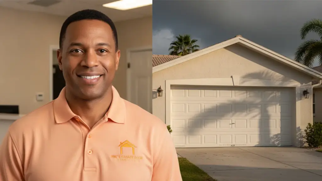 Garage door service professional in branded polo shirt with residential home