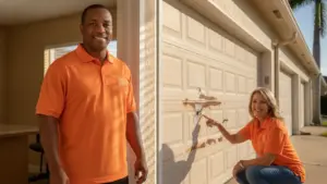 Service professionals in orange uniforms inspect residential garage door for maintenance.