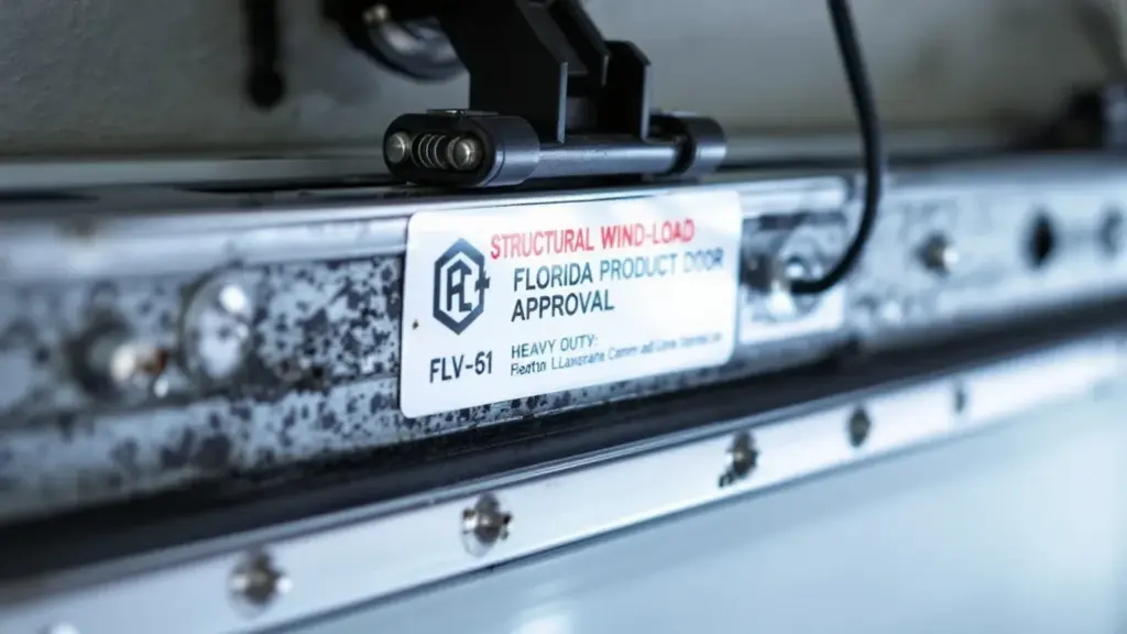 Florida Product Approval label on structural wind-load heavy duty door system.
