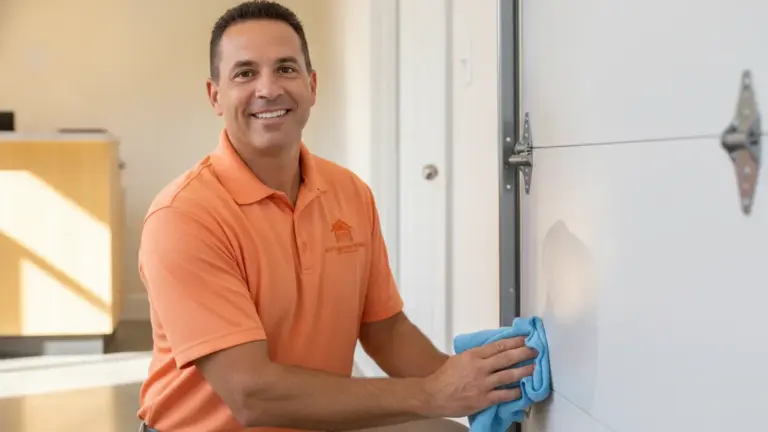 Service professional in orange polo cleaning white garage door with blue cloth.
