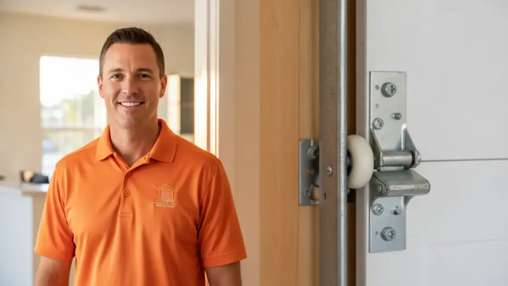 Smiling technician in orange polo shirt stands next to door hardware installation.