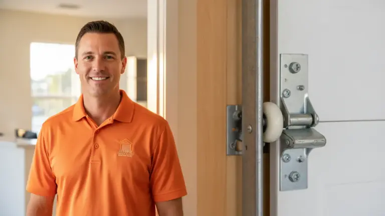 Smiling technician in orange polo shirt stands next to door hardware installation.