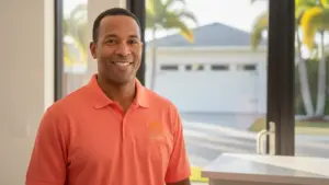 Professional man in branded polo shirt smiling in modern home entryway.