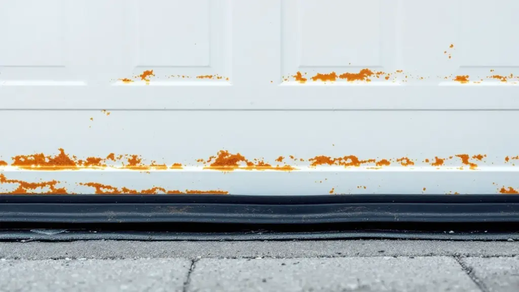 Rust stains and corrosion on white painted metal surface with dark trim.