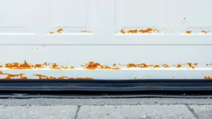 Rust stains and corrosion on white painted metal surface with dark trim.
