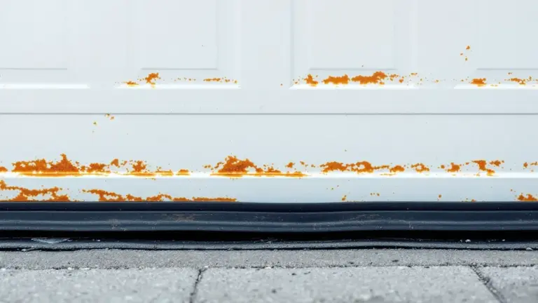 Rust stains and corrosion on white painted metal surface with dark trim.